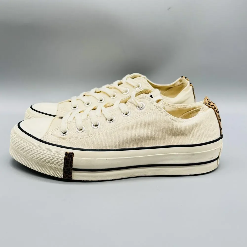 Converse Shoes Womens 8.5 Beige Canvas Chucks All Star Platform Sneakers Leopard - Picture 5 of 11